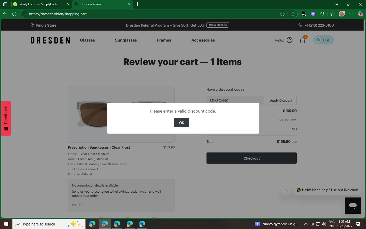 Dresden Vision promo code screenshot showing code SEASON40 applied at Dresden Vision checkout page. Uploaded by SimplyCodes community member CouponPro4243 on Oct 23, 2025