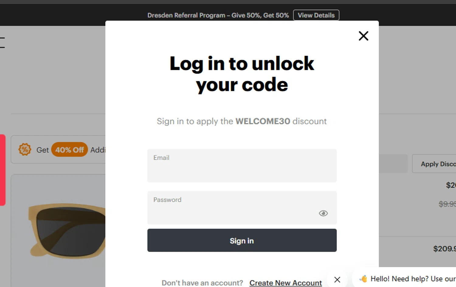 Dresden Vision promo code screenshot showing code WELCOME30 applied at Dresden Vision checkout page. Uploaded by SimplyCodes community member ashe1986 on Oct 30, 2025