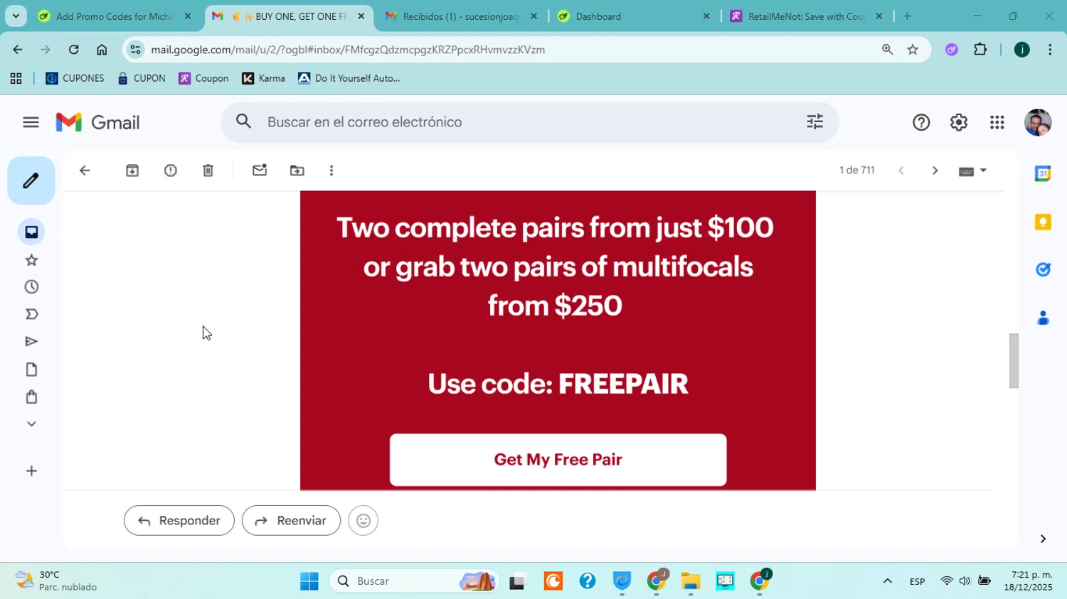 Dresden Vision promo code screenshot showing code FREEPAIR applied at Dresden Vision checkout page. Uploaded by SimplyCodes community member jorgejavierherrera on Dec 18, 2025