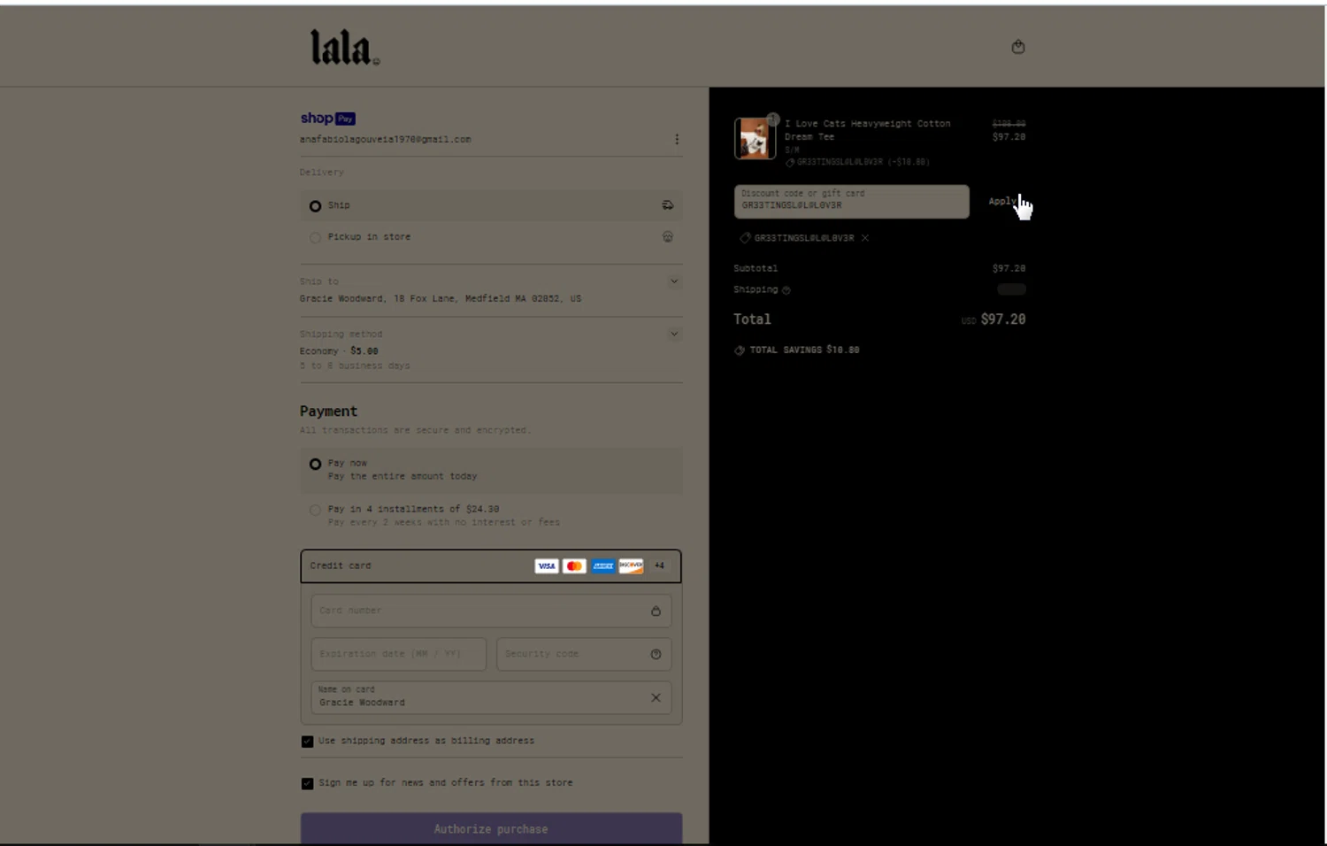 Dressed In Lala discount code screenshot showing code GR33TINGSL@L@L0V3R applied at Dressed In Lala checkout page. Uploaded by SimplyCodes community member IFeelGood3 on Apr 20, 2025
