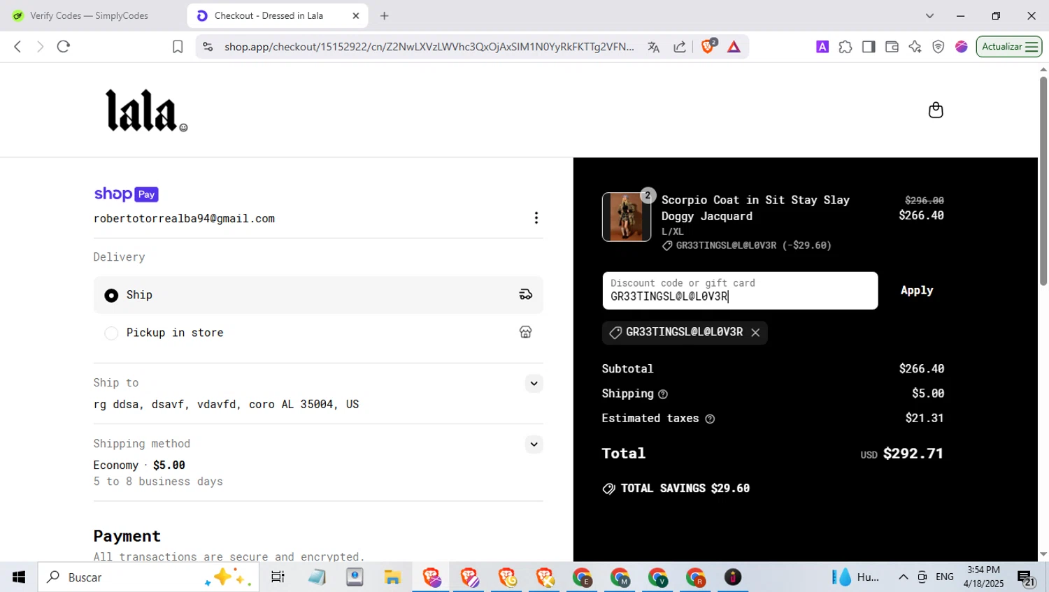 Dressed In Lala discount code screenshot showing code GR33TINGSL@L@L0V3R applied at Dressed In Lala checkout page. Uploaded by SimplyCodes community member BrilliantTiger6187 on Apr 18, 2025