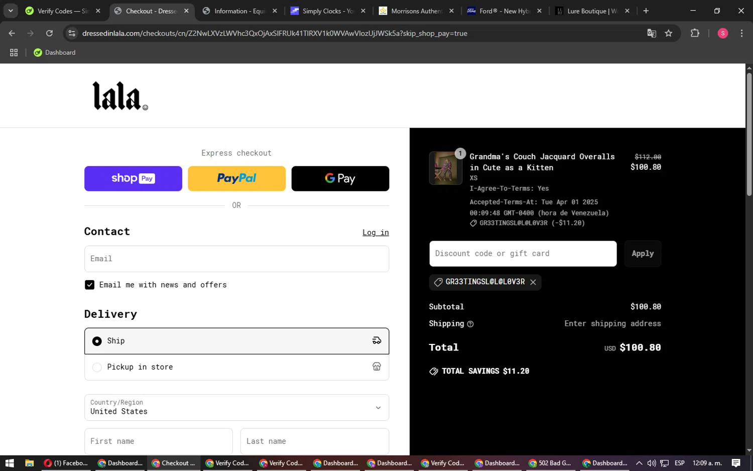 Dressed In Lala discount code screenshot showing code GR33TINGSL@L@L0V3R applied at Dressed In Lala checkout page. Uploaded by SimplyCodes community member BargainPilot4994 on Apr 1, 2025