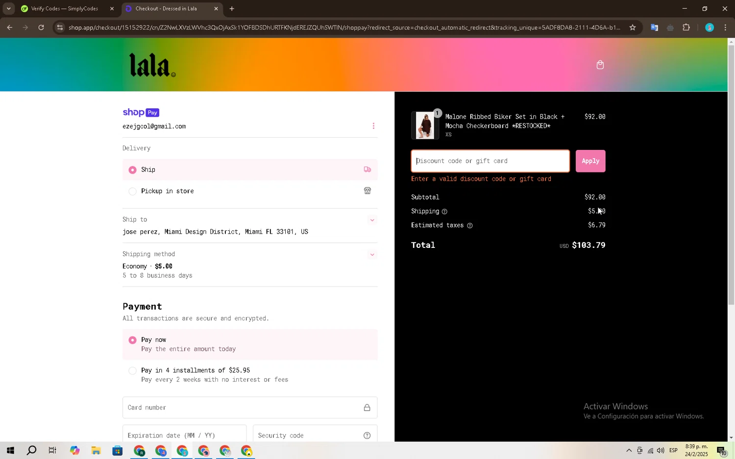 Dressed In Lala discount code screenshot showing code MERMEG10 applied at Dressed In Lala checkout page. Uploaded by SimplyCodes community member GC_EJOSE on Feb 25, 2025