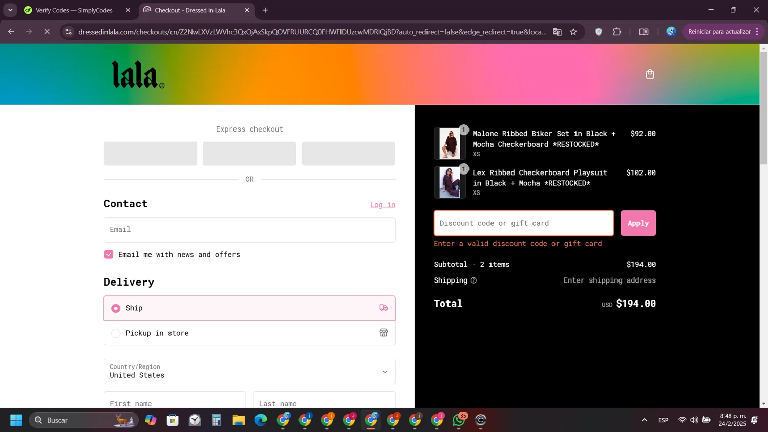 Dressed In Lala discount code screenshot showing code MERMEG10 applied at Dressed In Lala checkout page. Uploaded by SimplyCodes community member VictoriousPioneer4638 on Feb 25, 2025