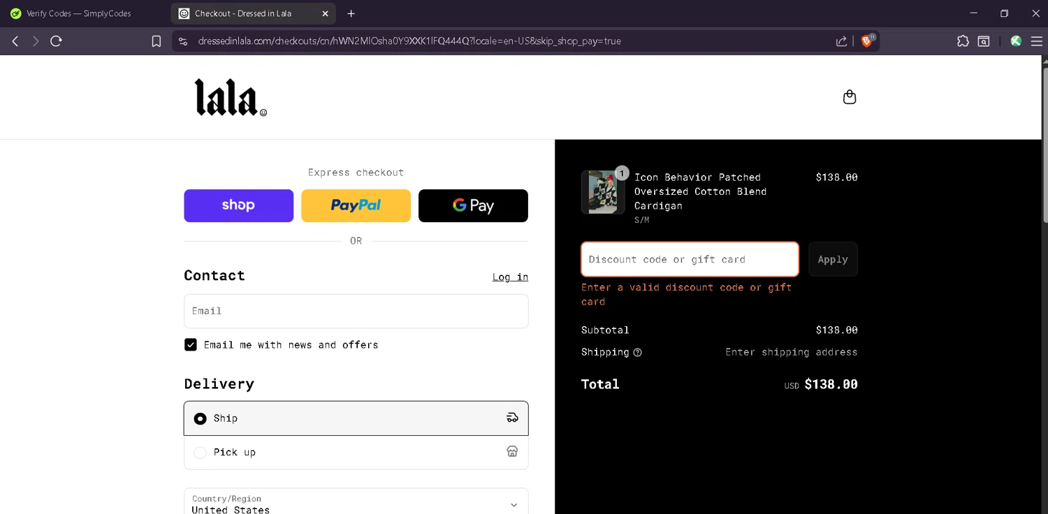 Dressed In Lala discount code screenshot showing code BFCM25%OFF applied at Dressed In Lala checkout page. Uploaded by SimplyCodes community member Estefani4 on Aug 29, 2025