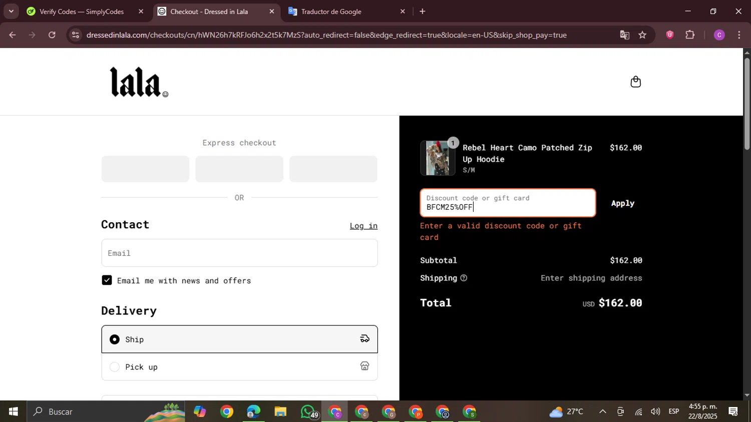 Dressed In Lala discount code screenshot showing code BFCM25%OFF applied at Dressed In Lala checkout page. Uploaded by SimplyCodes community member FrugalPro5078 on Aug 22, 2025