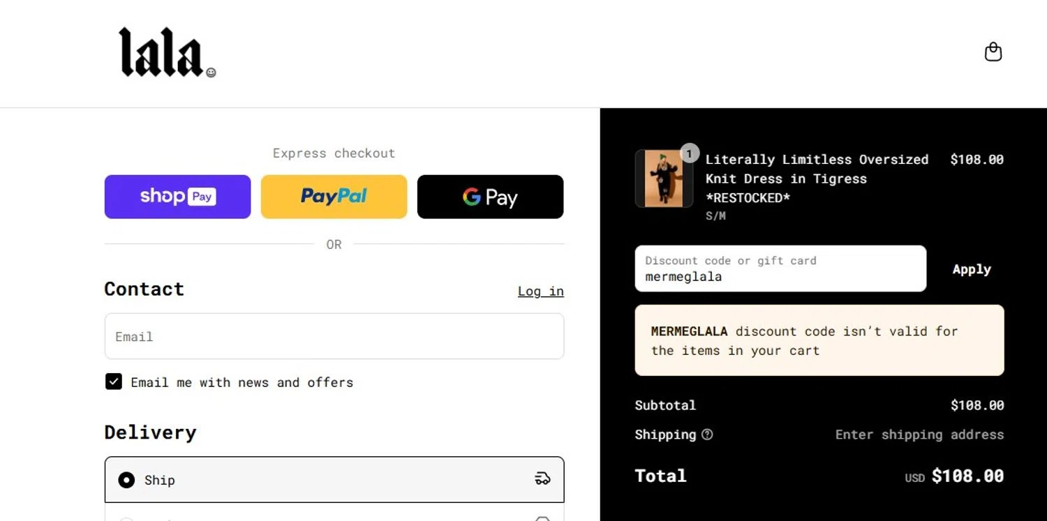 Dressed In Lala discount code screenshot showing code mermeglala applied at Dressed In Lala checkout page. Uploaded by SimplyCodes community member TheQueenoftheRoyalty on Aug 13, 2025