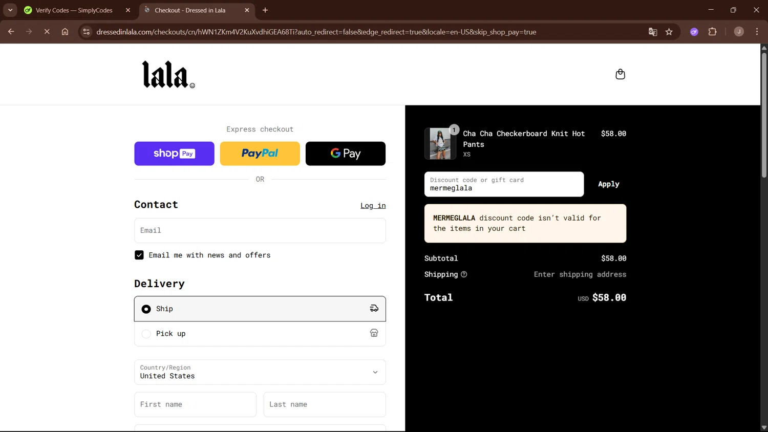 Dressed In Lala discount code screenshot showing code mermeglala applied at Dressed In Lala checkout page. Uploaded by SimplyCodes community member WisePro3955 on Aug 8, 2025