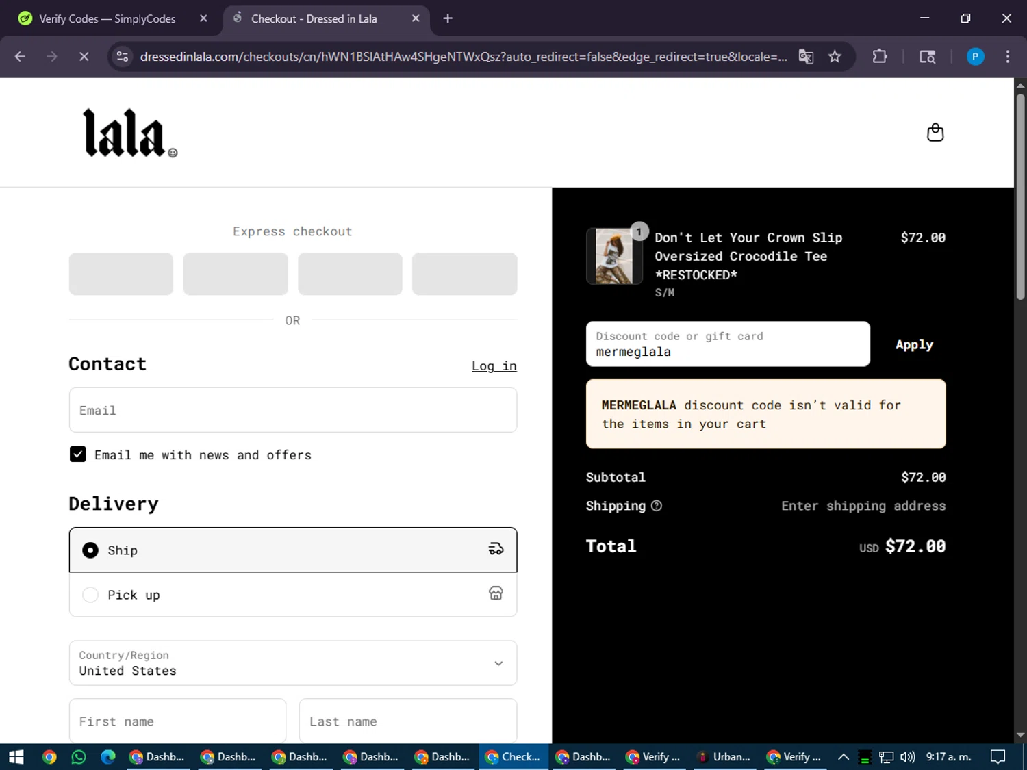 Dressed In Lala discount code screenshot showing code mermeglala applied at Dressed In Lala checkout page. Uploaded by SimplyCodes community member juiceWRLD on Jul 29, 2025