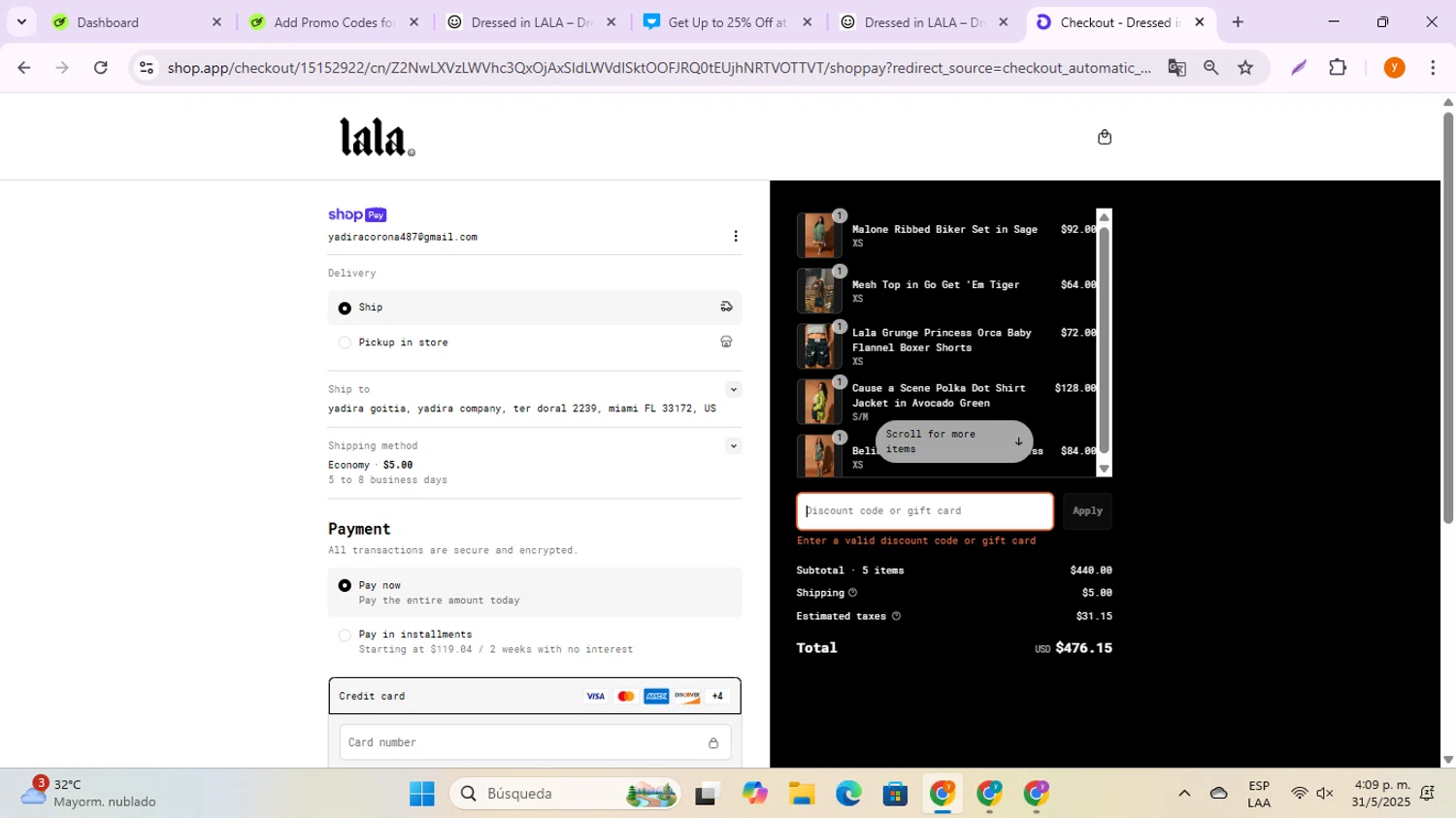 Dressed In Lala discount code screenshot showing code MERMEG10 applied at Dressed In Lala checkout page. Uploaded by SimplyCodes community member ycg487 on May 31, 2025