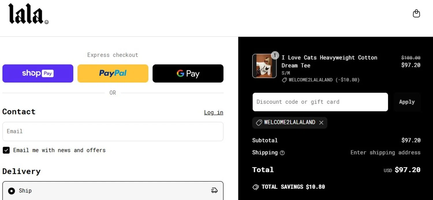 Dressed In Lala discount code screenshot showing code WELCOME2LALALAND applied at Dressed In Lala checkout page. Uploaded by SimplyCodes community member TheQueenoftheRoyalty on Apr 21, 2025
