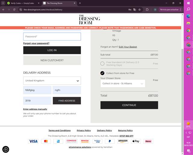 The Dressing Room checkout page showing The Dressing Room promo code box | Screenshot taken by SimplyCodes community member on Feb 26, 2025