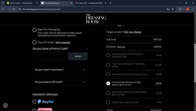The Dressing Room checkout page showing The Dressing Room promo code box | Screenshot taken by SimplyCodes community member on May 1, 2025