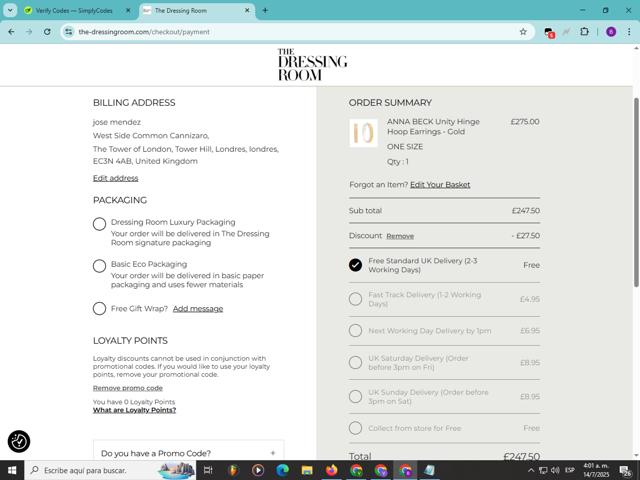 The Dressing Room checkout page showing The Dressing Room promo code box | Screenshot taken by SimplyCodes community member on Jul 14, 2025