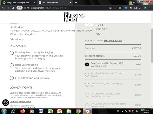 The Dressing Room checkout page showing The Dressing Room promo code box | Screenshot taken by SimplyCodes community member on Apr 15, 2025