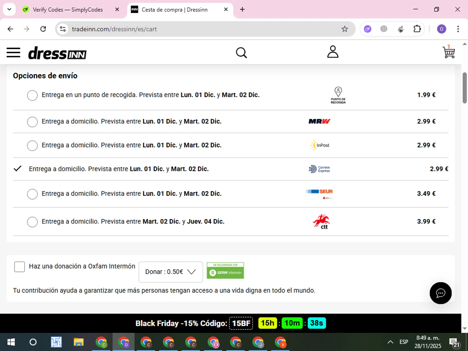 Dressinn promo code screenshot showing code Wwcas10 applied at Dressinn checkout page. Uploaded by SimplyCodes community member CleverLynx8245 on Nov 28, 2025