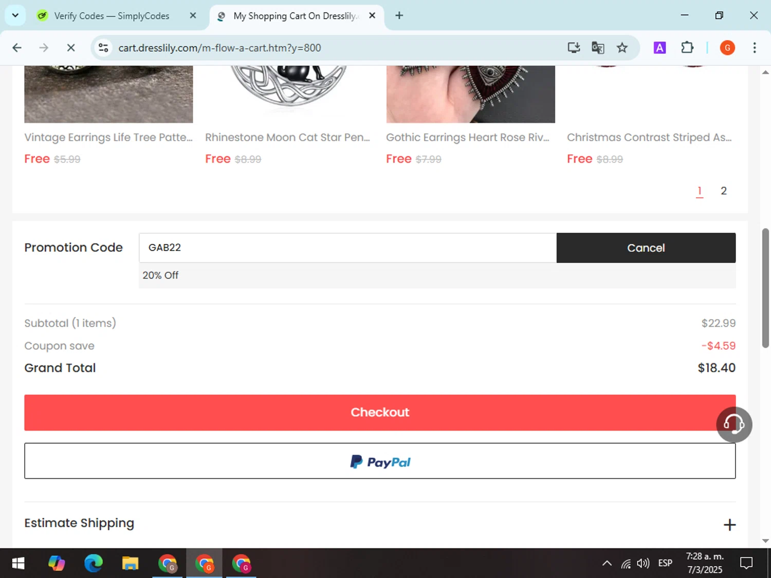 Dresslily promo code screenshot showing code GAB22 applied at Dresslily checkout page. Uploaded by SimplyCodes community member LegendaryWizard2724 on Mar 7, 2025