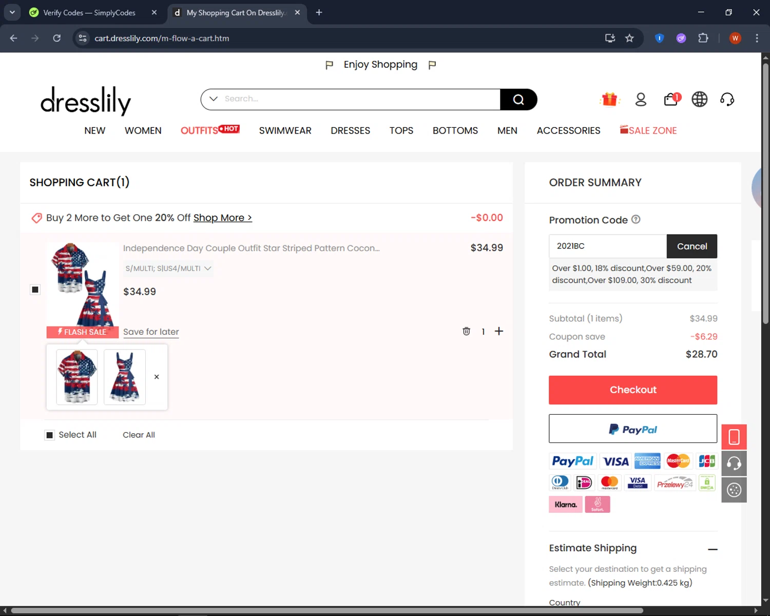 Dresslily promo code screenshot showing code 2021BC applied at Dresslily checkout page. Uploaded by SimplyCodes community member CashPro9699 on Jun 5, 2025
