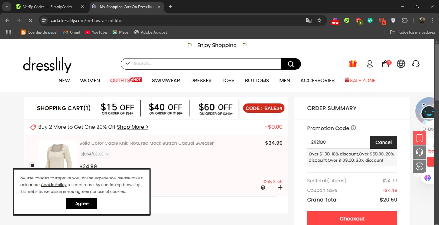 Dresslily promo code screenshot showing code 2021BC applied at Dresslily checkout page. Uploaded by SimplyCodes community member naimbethak on Jan 13, 2025