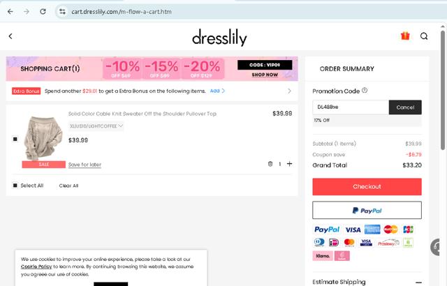 Dresslily checkout page showing Dresslily promo code box | Screenshot taken by SimplyCodes community member on Sep 2, 2025