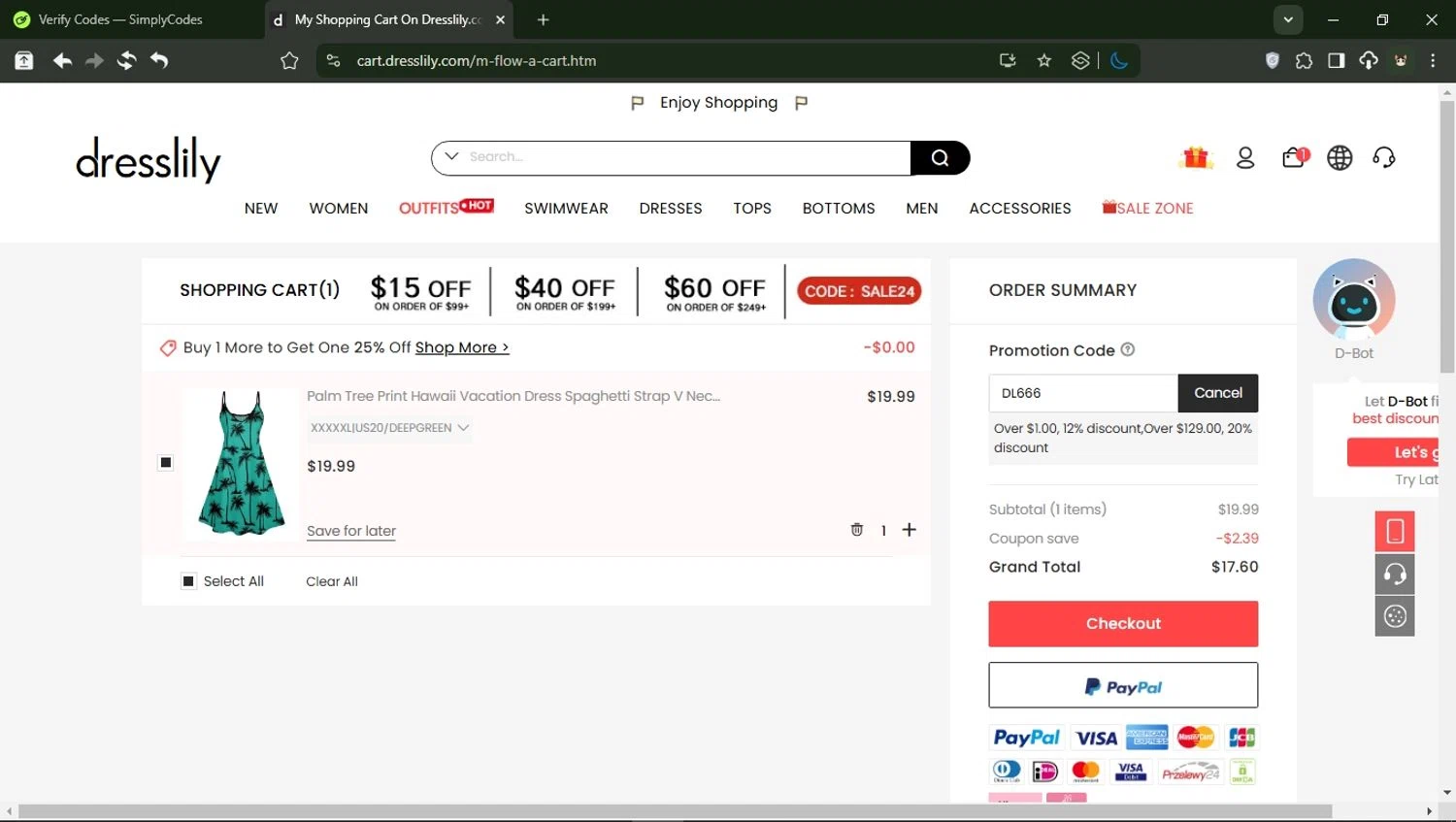 Dresslily promo code screenshot showing code DL666 applied at Dresslily checkout page. Uploaded by SimplyCodes community member BrilliantTitan6909 on Feb 25, 2025