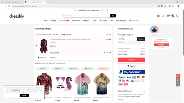 Dresslily checkout page showing Dresslily promo code box | Screenshot taken by SimplyCodes community member on Sep 10, 2025