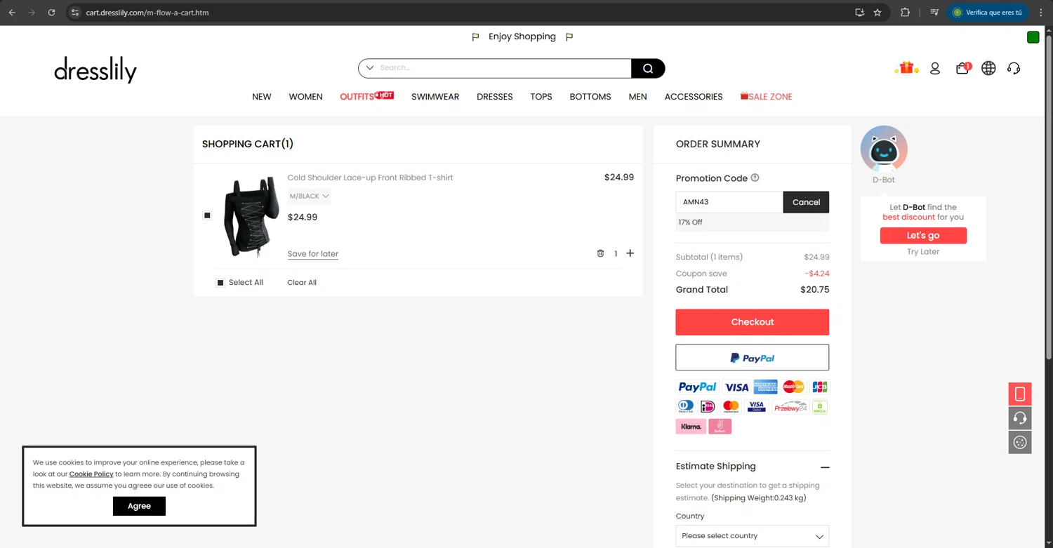Dresslily promo code screenshot showing code AMN43 applied at Dresslily checkout page. Uploaded by SimplyCodes community member Diegooooo on Aug 19, 2025