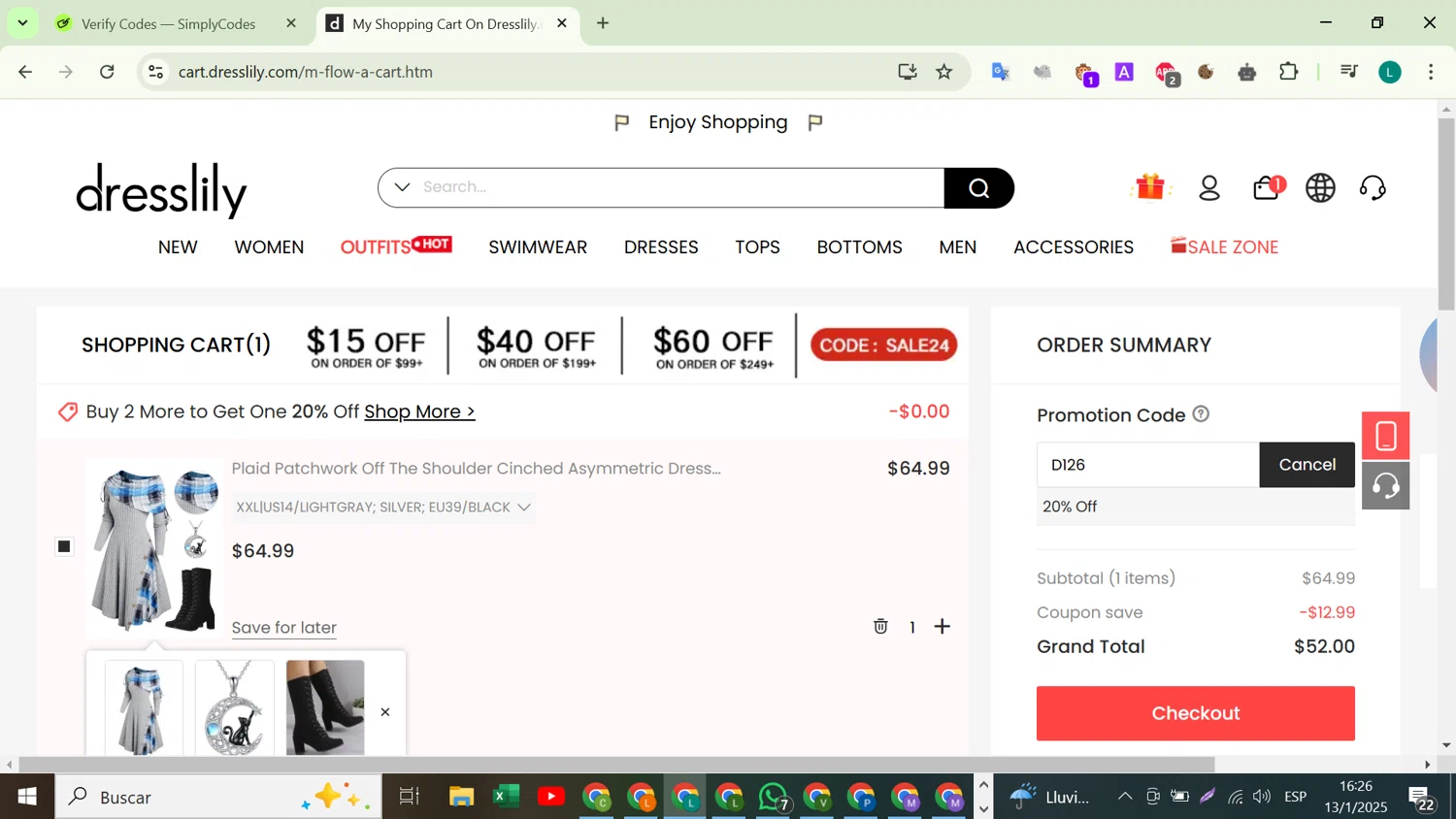 Dresslily promo code screenshot showing code D126 applied at Dresslily checkout page. Uploaded by SimplyCodes community member VictoriousTiger2507 on Jan 13, 2025
