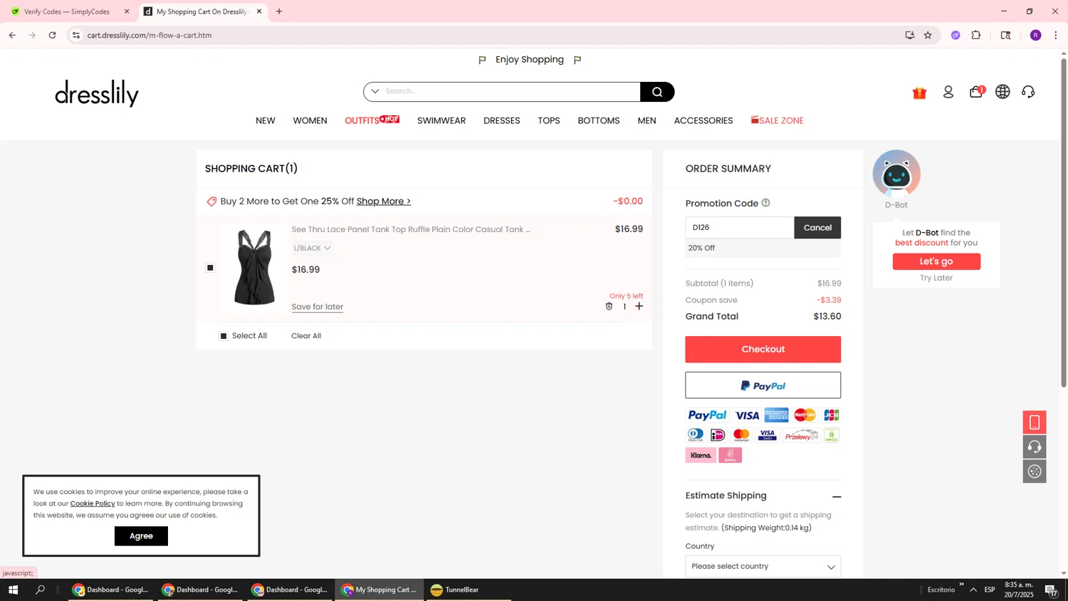 Dresslily promo code screenshot showing code D126 applied at Dresslily checkout page. Uploaded by SimplyCodes community member ukemochi on Jul 20, 2025