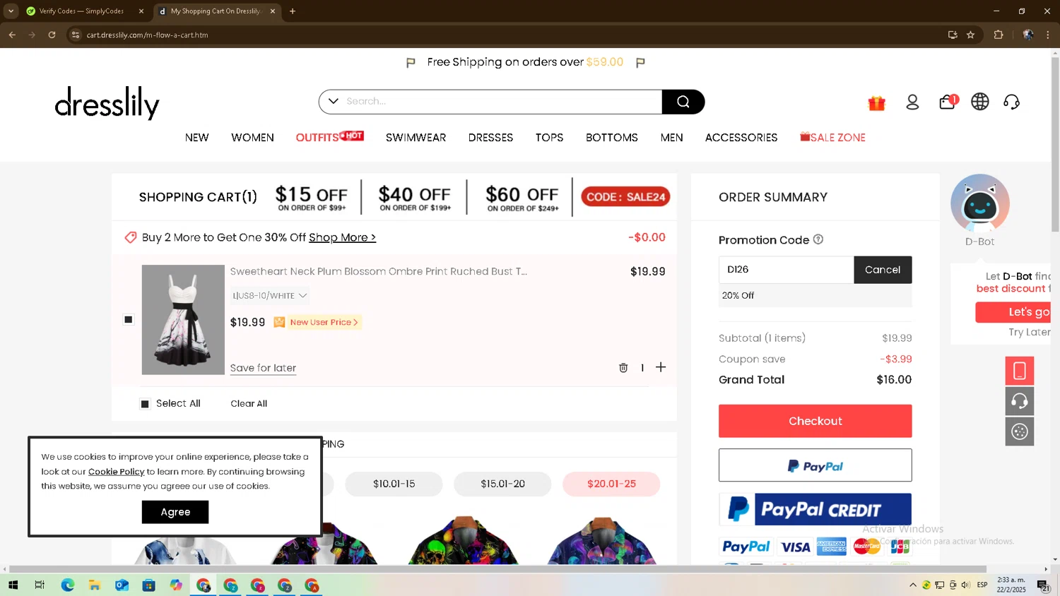 Dresslily promo code screenshot showing code D126 applied at Dresslily checkout page. Uploaded by SimplyCodes community member zadquiel on Feb 22, 2025