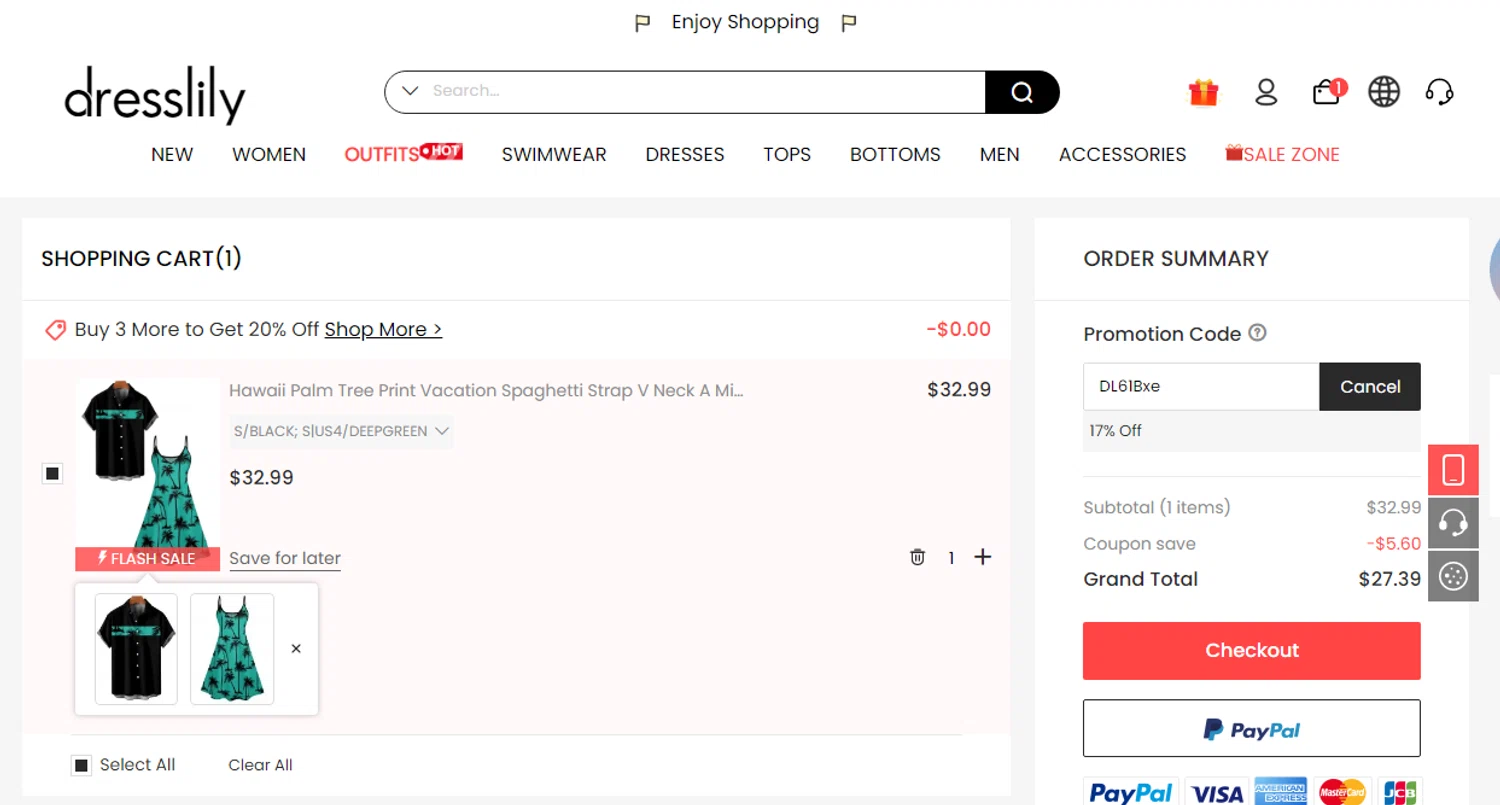 Dresslily promo code screenshot showing code DL61Bxe applied at Dresslily checkout page. Uploaded by SimplyCodes community member Josecaste on Aug 23, 2025