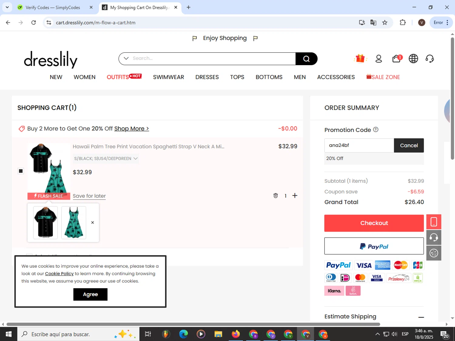 Dresslily promo code screenshot showing code ana24bf applied at Dresslily checkout page. Uploaded by SimplyCodes community member CashLion3448 on Aug 18, 2025