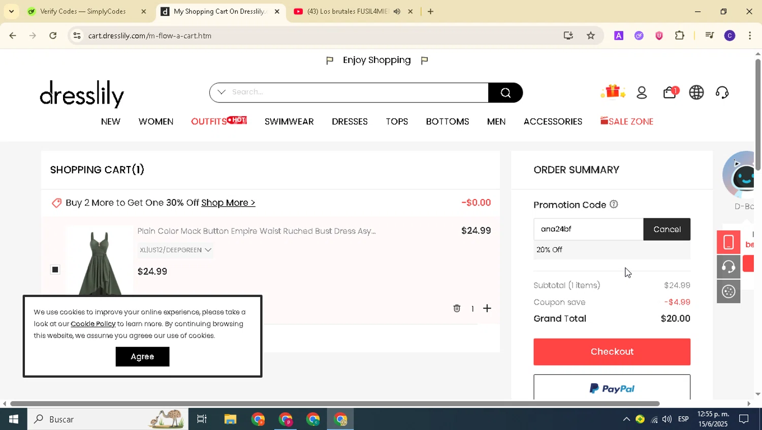Dresslily promo code screenshot showing code ana24bf applied at Dresslily checkout page. Uploaded by SimplyCodes community member alexanderarnold on Jun 15, 2025