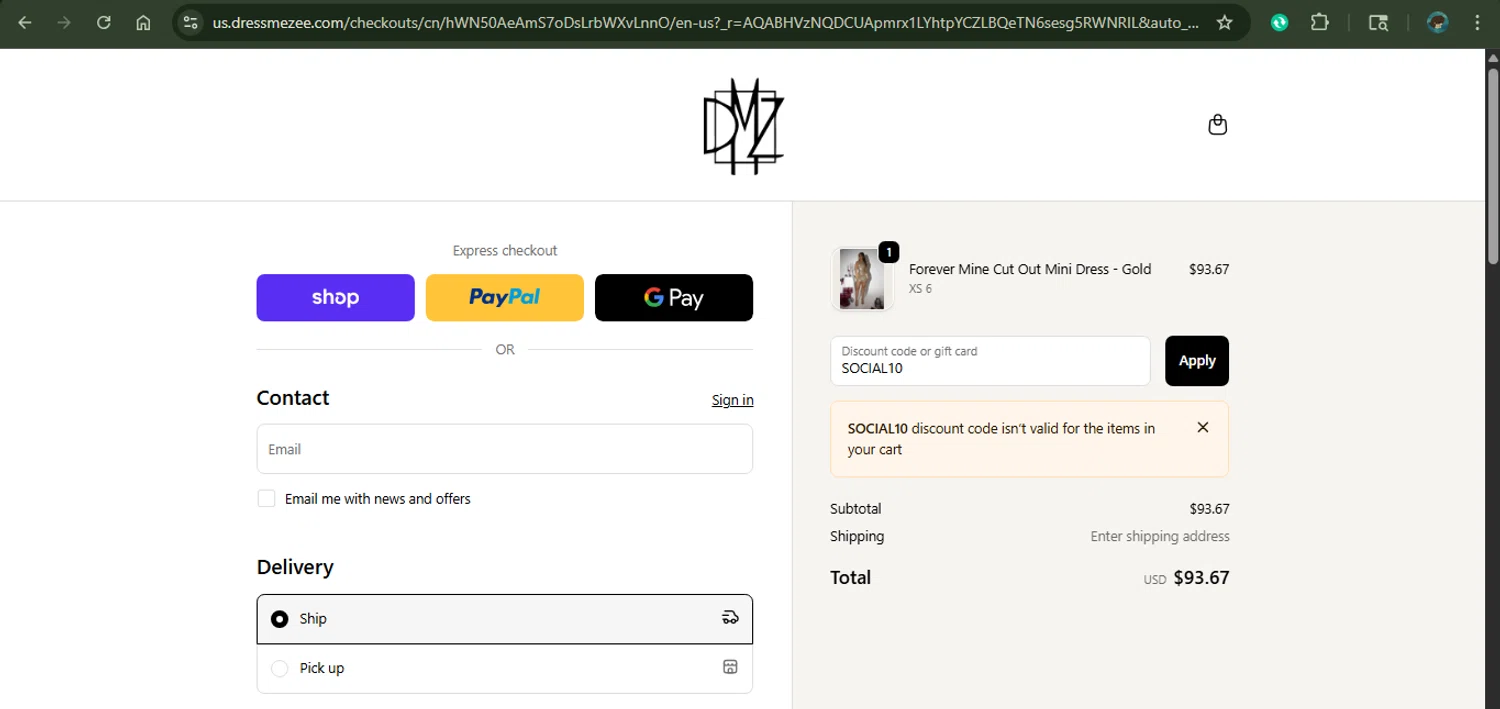 Dress Me Zee discount code screenshot showing code SOCIAL10 applied at Dress Me Zee checkout page. Uploaded by SimplyCodes community member MariaCorinaMachado on Nov 7, 2025