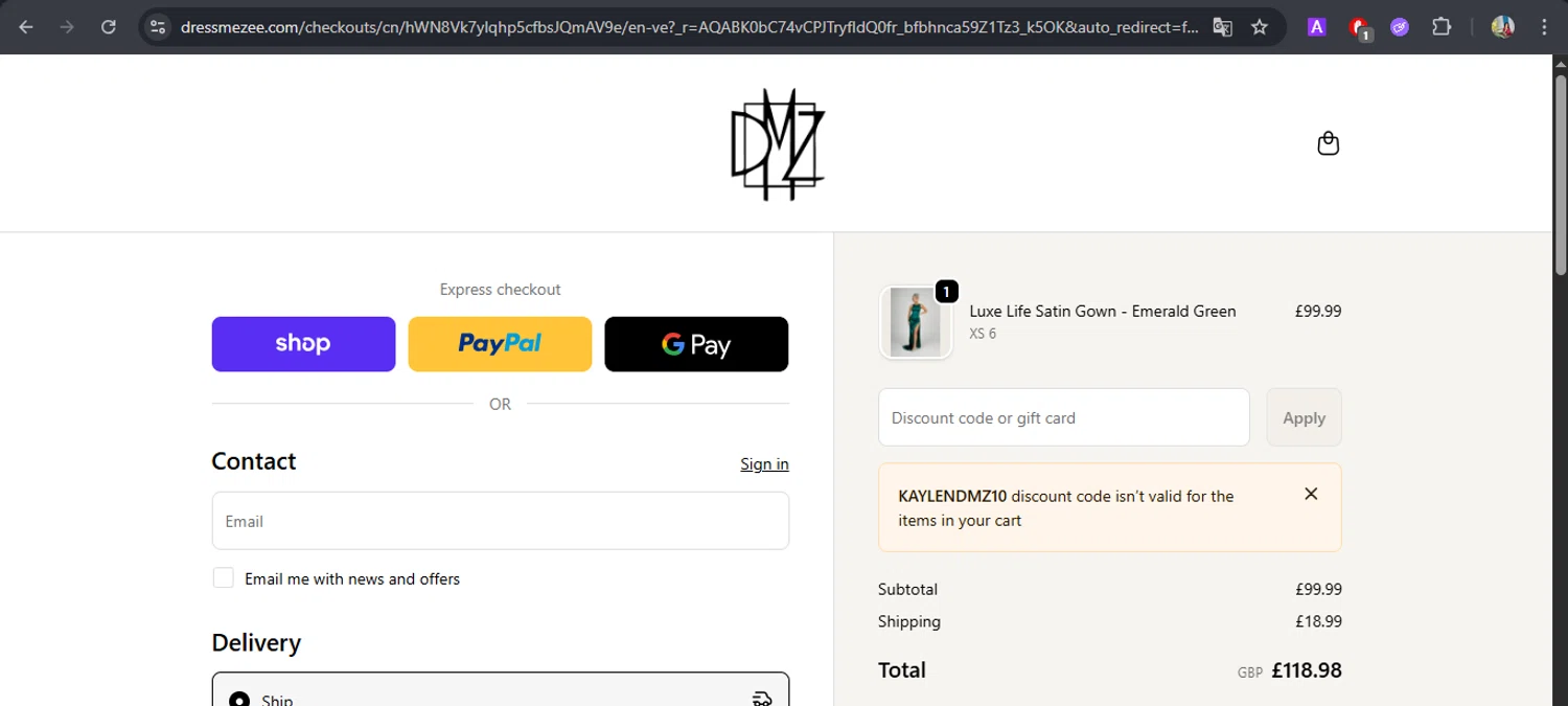 Dress Me Zee checkout page showing Dress Me Zee discount code box | Screenshot taken by SimplyCodes community member on Feb 7, 2026
