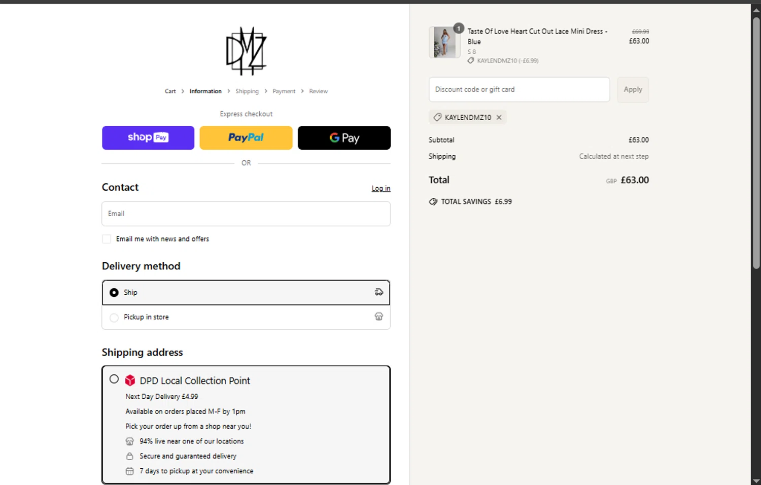 Dress Me Zee discount code screenshot showing code KAYLENDMZ10 applied at Dress Me Zee checkout page. Uploaded by SimplyCodes community member EpicChaser4293 on Apr 24, 2025