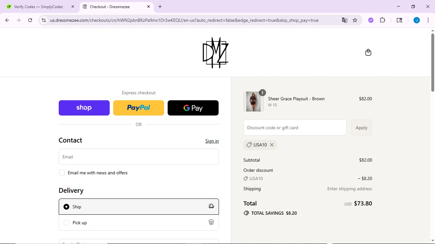 Dress Me Zee discount code screenshot showing code lisa10 applied at Dress Me Zee checkout page. Uploaded by SimplyCodes community member CodeLynx3161 on Sep 10, 2025