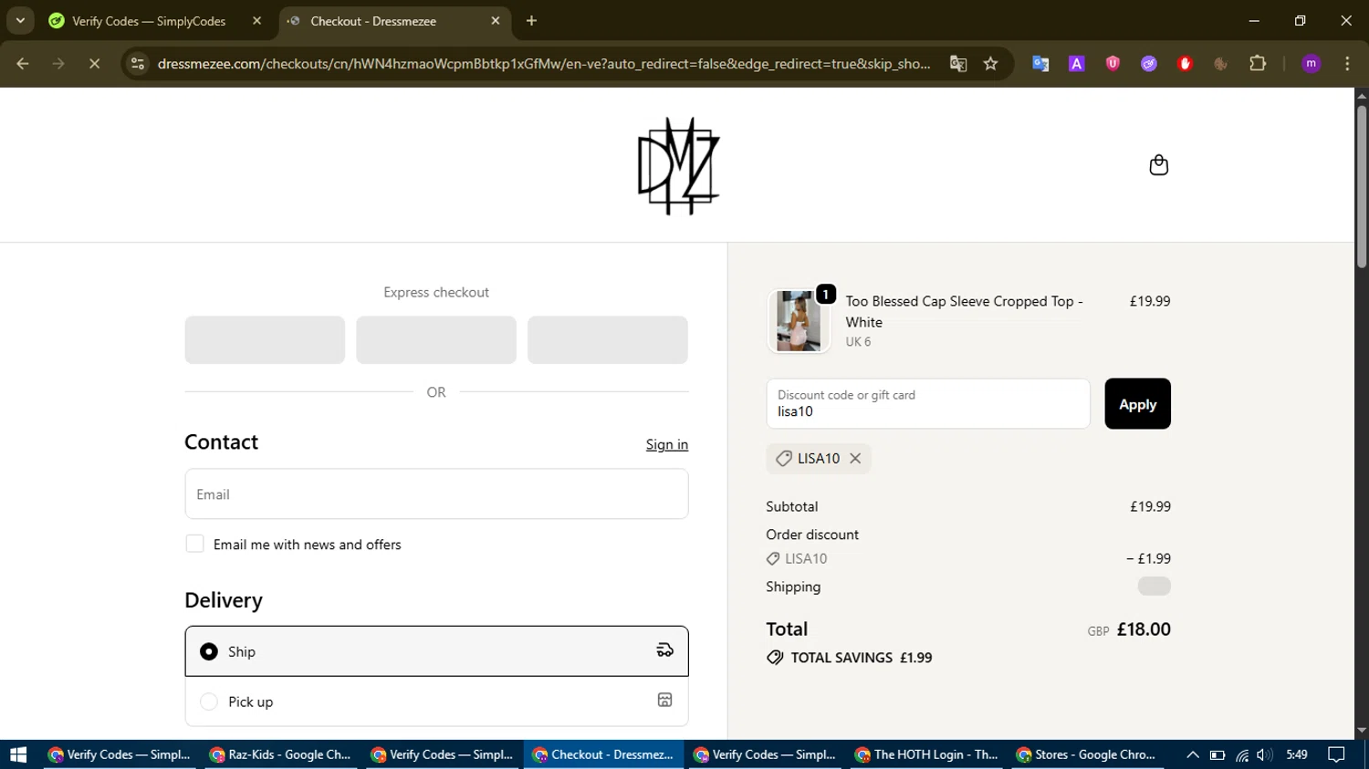 Dress Me Zee discount code screenshot showing code lisa10 applied at Dress Me Zee checkout page. Uploaded by SimplyCodes community member WonderHawk4272 on Oct 30, 2025