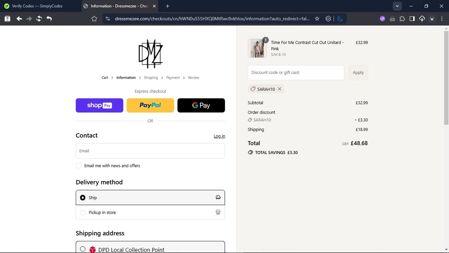Dress Me Zee discount code screenshot showing code Sarah10 applied at Dress Me Zee checkout page. Uploaded by SimplyCodes community member CleverPioneer8971 on Jul 22, 2025