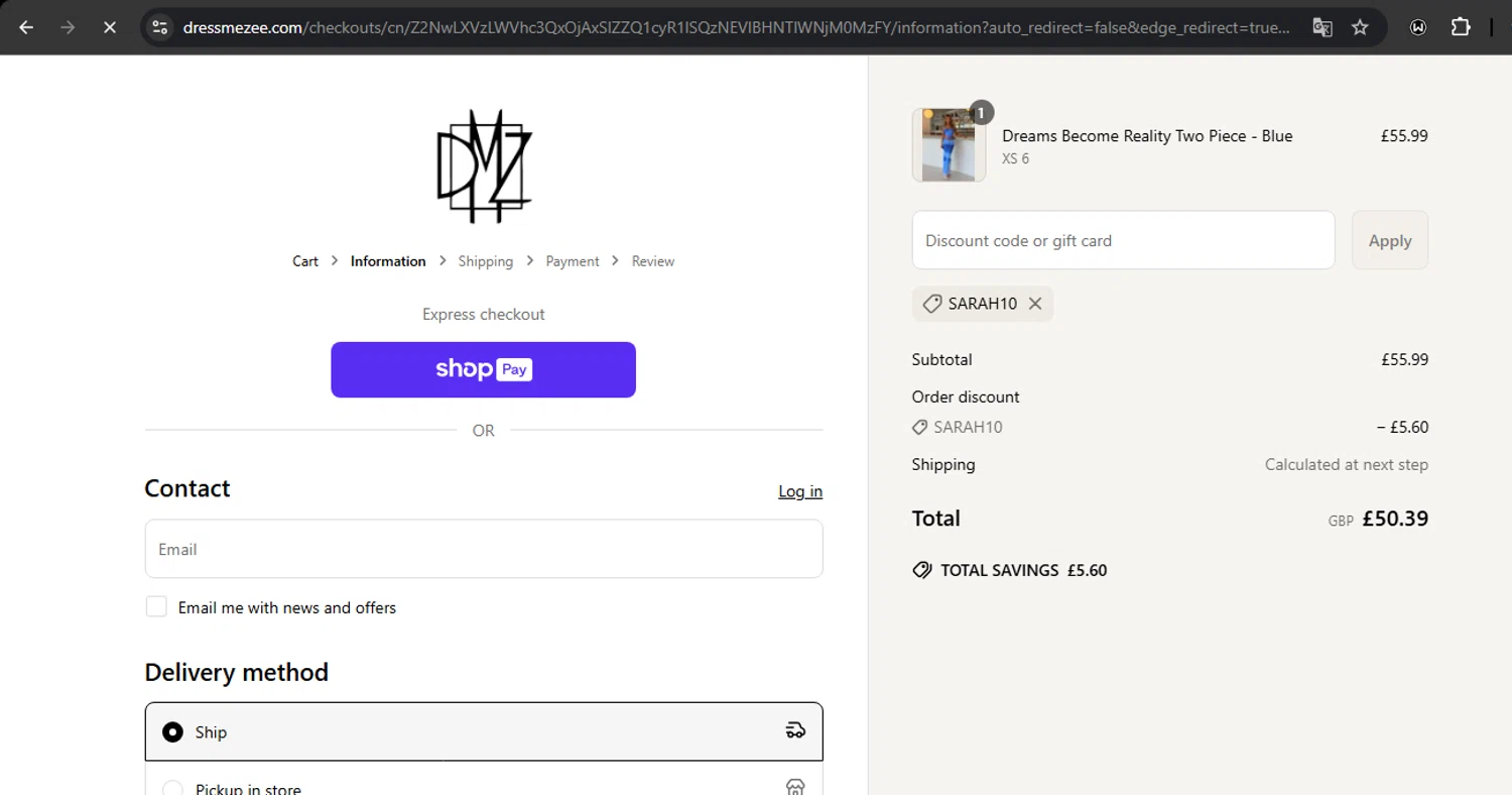 Dress Me Zee discount code screenshot showing code Sarah10 applied at Dress Me Zee checkout page. Uploaded by SimplyCodes community member RoyalSpotter5217 on May 23, 2025