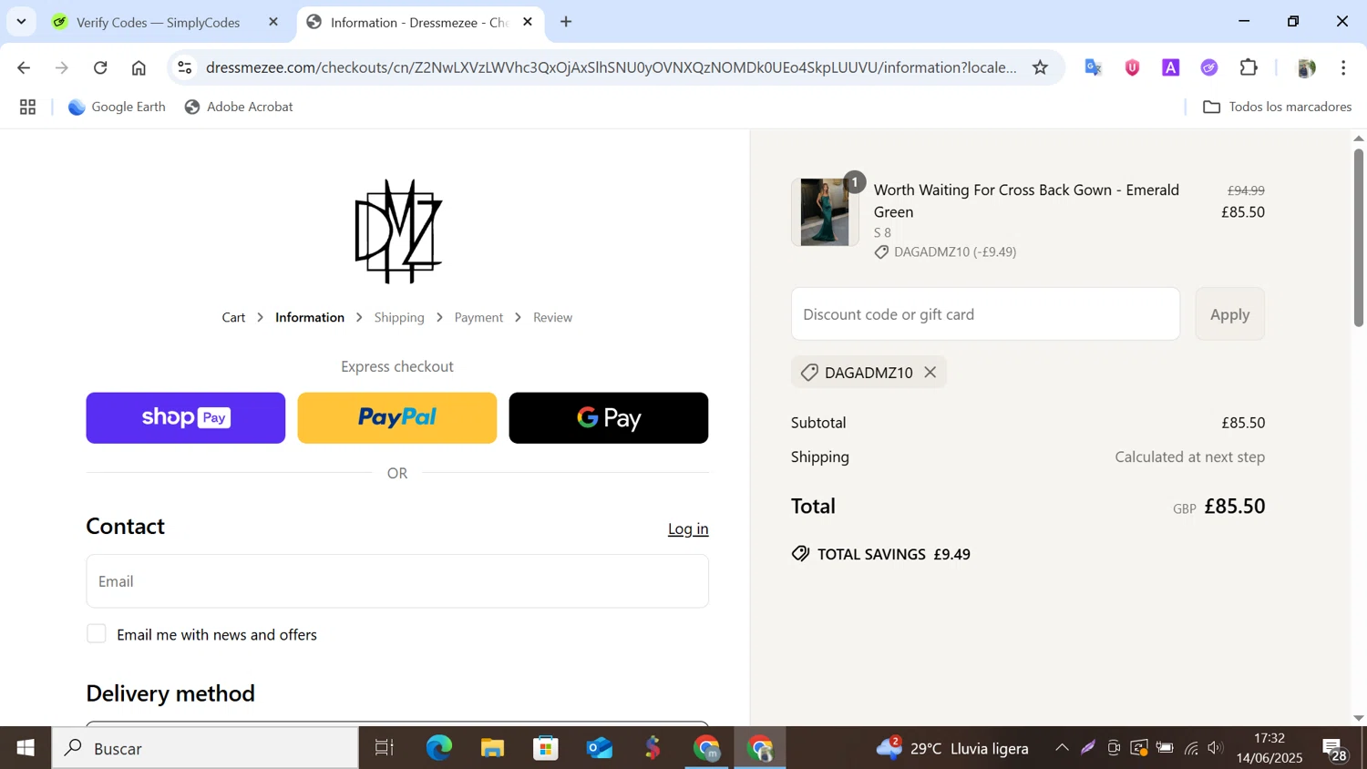 Dress Me Zee discount code screenshot showing code DAGADMZ10 applied at Dress Me Zee checkout page. Uploaded by SimplyCodes community member NobleMonarch5837 on Jun 14, 2025