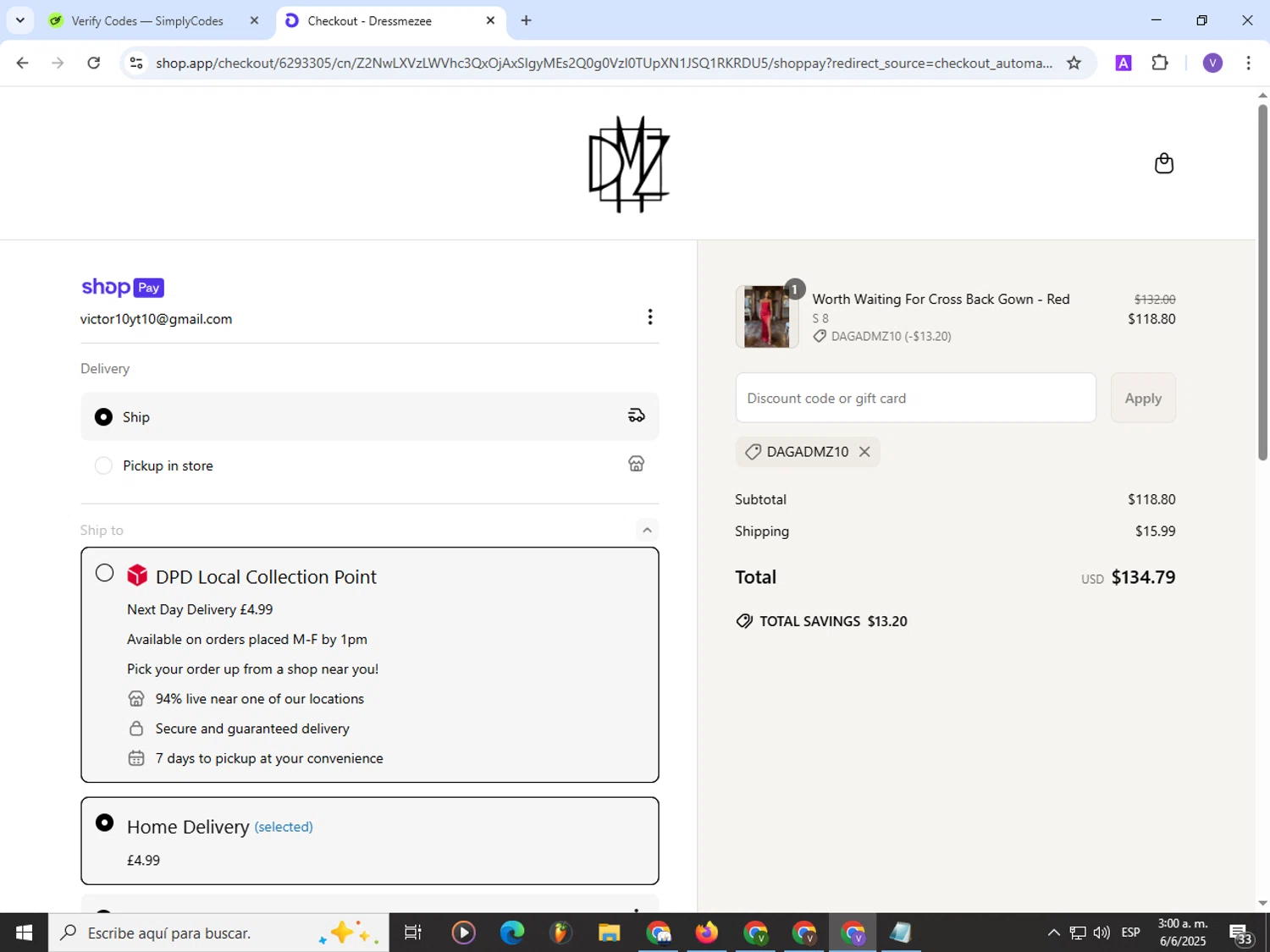 Dress Me Zee discount code screenshot showing code DAGADMZ10 applied at Dress Me Zee checkout page. Uploaded by SimplyCodes community member Satoru_gojo on Jun 6, 2025