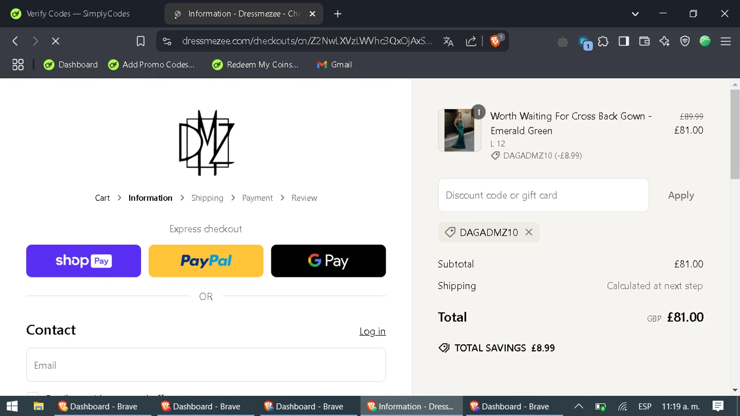 Dress Me Zee discount code screenshot showing code DAGADMZ10 applied at Dress Me Zee checkout page. Uploaded by SimplyCodes community member SaleAdmiral9379 on Mar 11, 2025