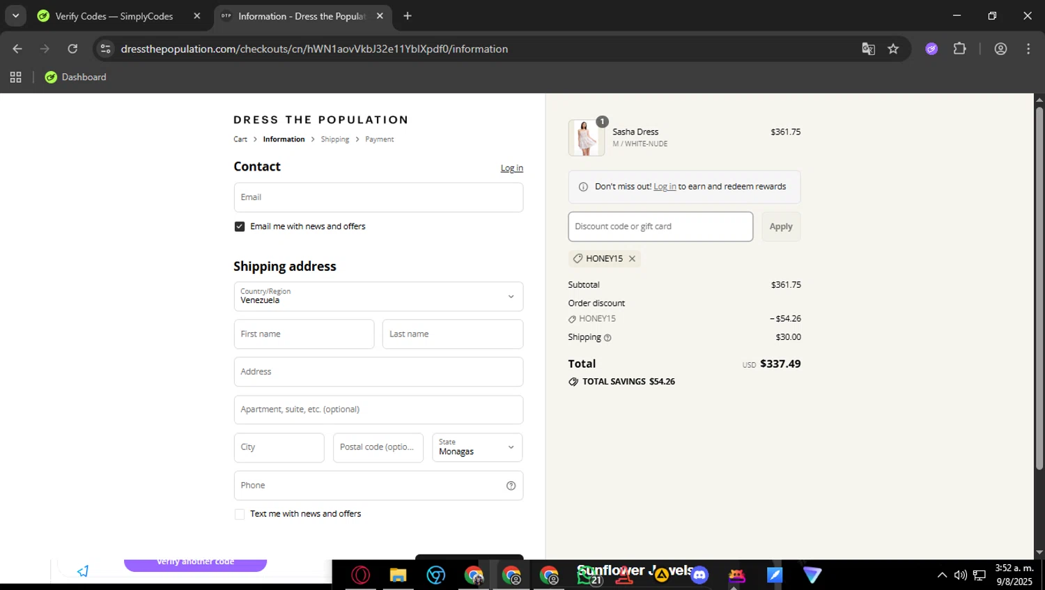 Dress the Population coupon code screenshot showing code HONEY15 applied at Dress the Population checkout page. Uploaded by SimplyCodes community member Franyer on Aug 9, 2025