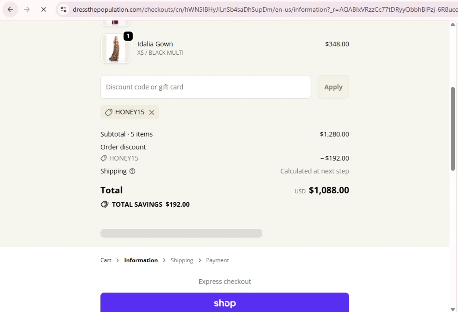Dress the Population coupon code screenshot showing code HONEY15 applied at Dress the Population checkout page. Uploaded by SimplyCodes community member PromoExpert5262 on Nov 14, 2025