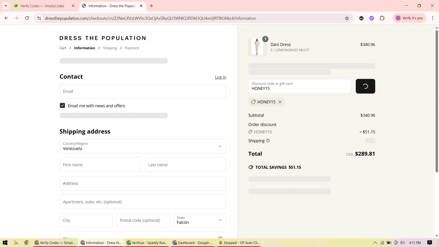 Dress the Population coupon code screenshot showing code HONEY15 applied at Dress the Population checkout page. Uploaded by SimplyCodes community member ShrewdMaverick9198 on Jun 18, 2025