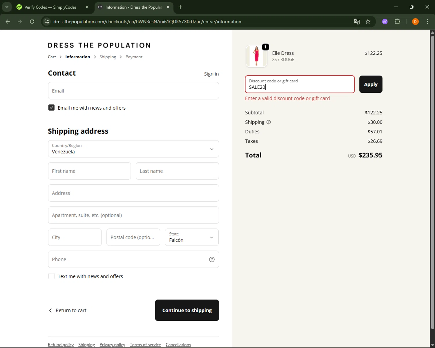 Dress the Population coupon code screenshot showing code SALE20 applied at Dress the Population checkout page. Uploaded by SimplyCodes community member FrugalFalcon351 on Oct 2, 2025