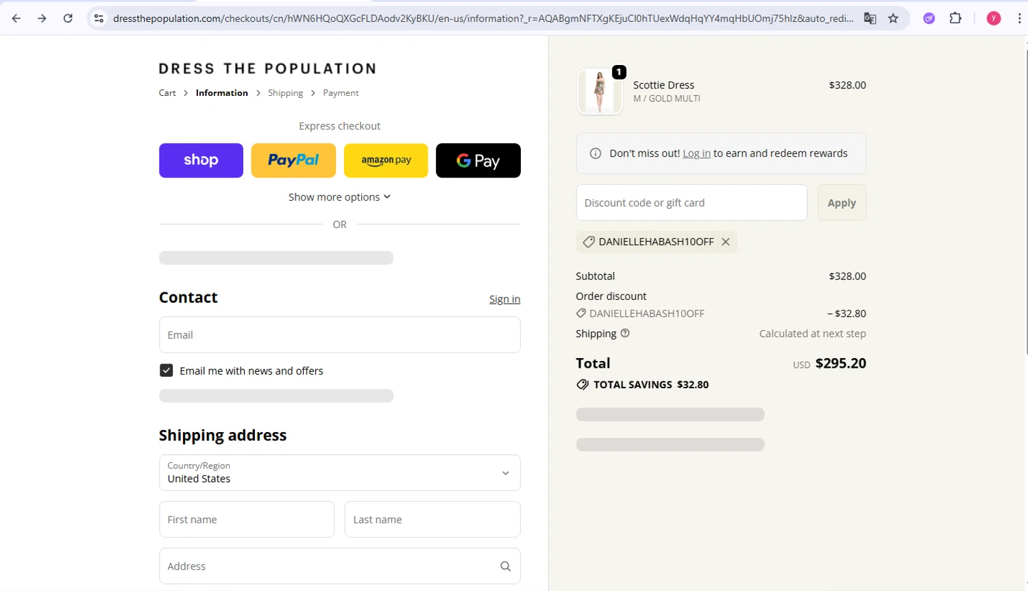 Dress the Population coupon code screenshot showing code DANIELLEHABASH10OFF applied at Dress the Population checkout page. Uploaded by SimplyCodes community member carmis007 on Dec 10, 2025