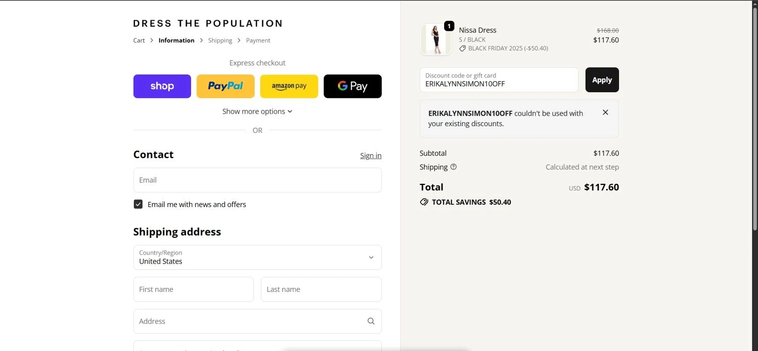 Dress the Population coupon code screenshot showing code DANIELLEHABASH10OFF applied at Dress the Population checkout page. Uploaded by SimplyCodes community member Depressive on Nov 29, 2025
