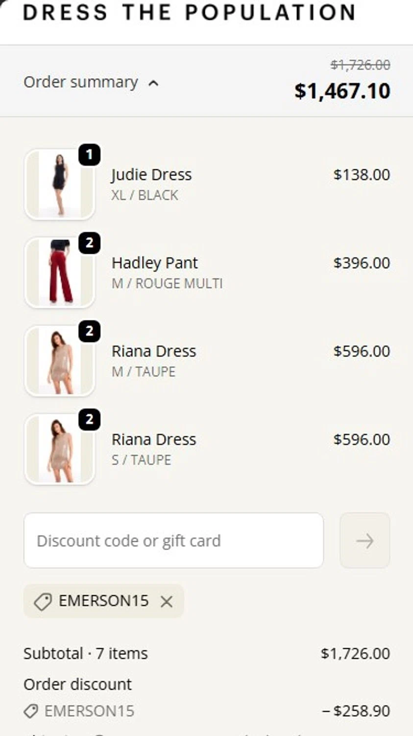 Dress the Population coupon code screenshot showing code EMERSON15 applied at Dress the Population checkout page. Uploaded by SimplyCodes community member RonaldoM32 on Oct 4, 2025